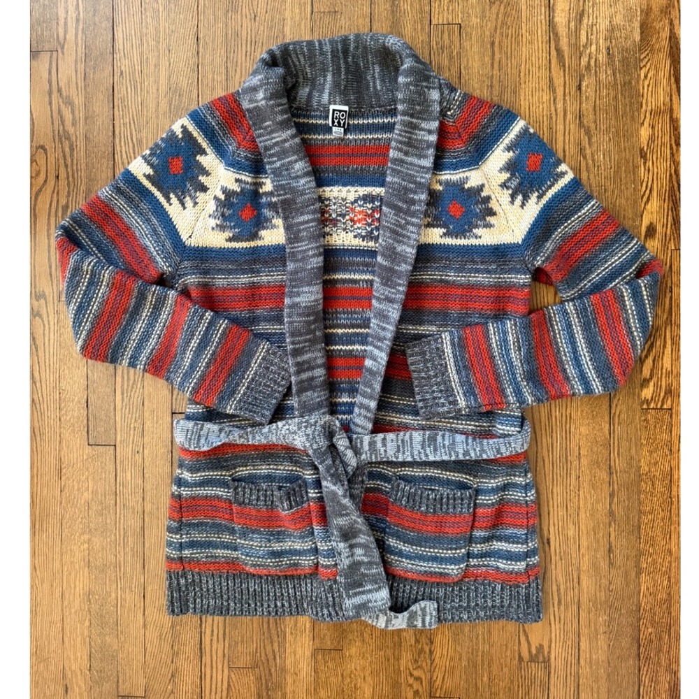 Roxy Womens Southwestern Geometric Belted Cardigan Sweater Aztec Large